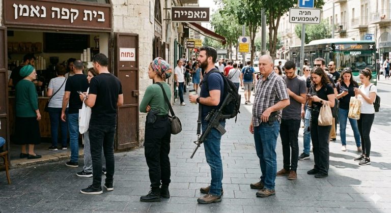 תור של אנשים עם נשק ברחוב ישראלי. נוצר בAI